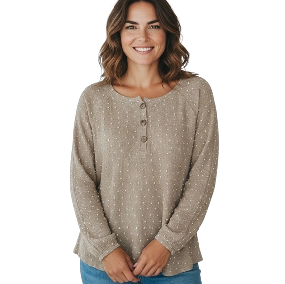 Perch by Blu Pepper Womens Knit Swiss Dot 3-Button Top Long Sleeve 1XL Tan I bin - Picture 1 of 16